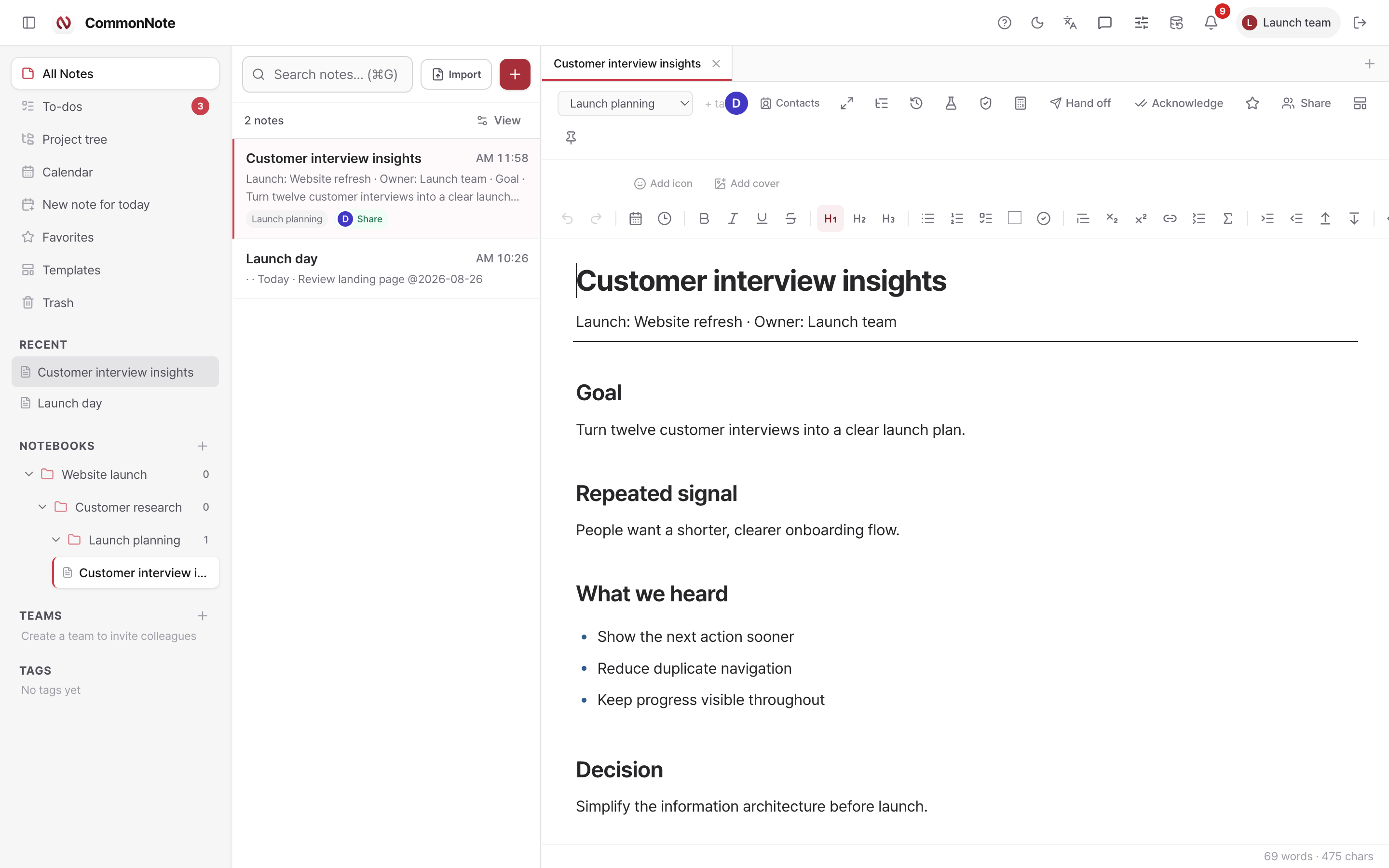 CommonNote editor with rich formatting and a shared customer interview note