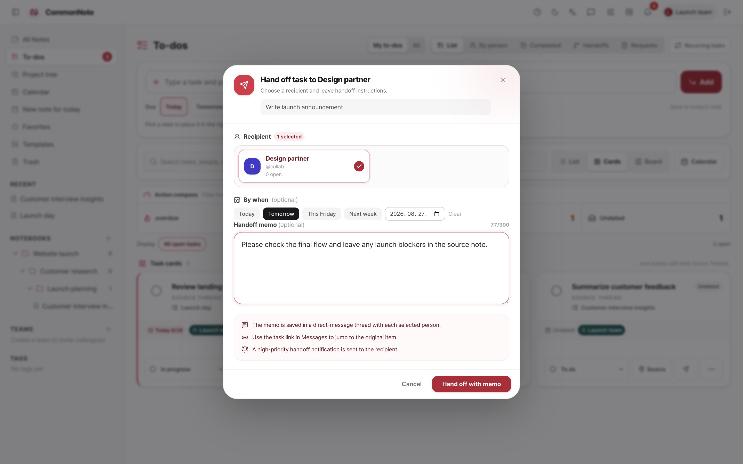 CommonNote task handoff dialog with recipient, due date, instructions, and source-note link