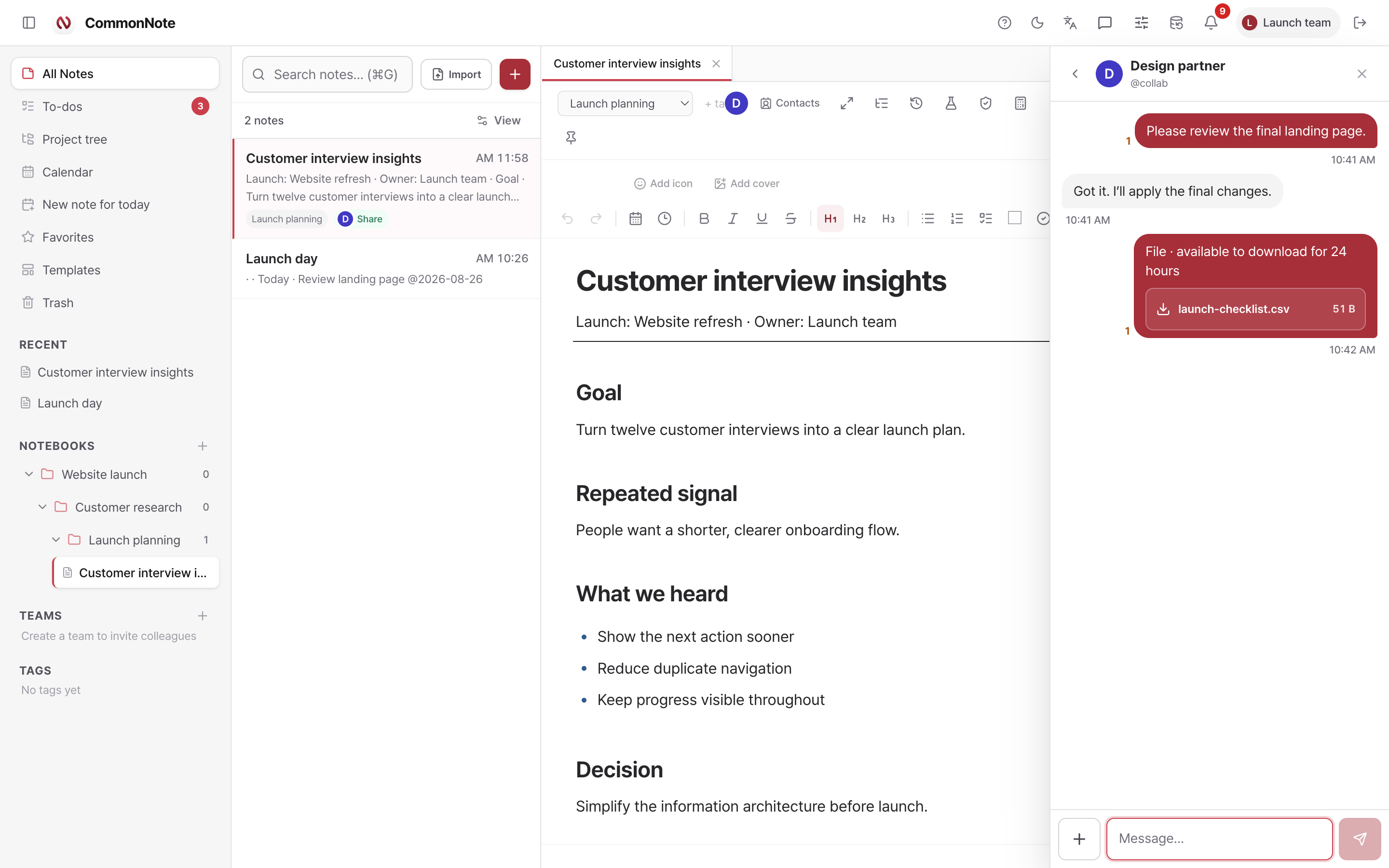 CommonNote messenger sharing a launch checklist next to the source note
