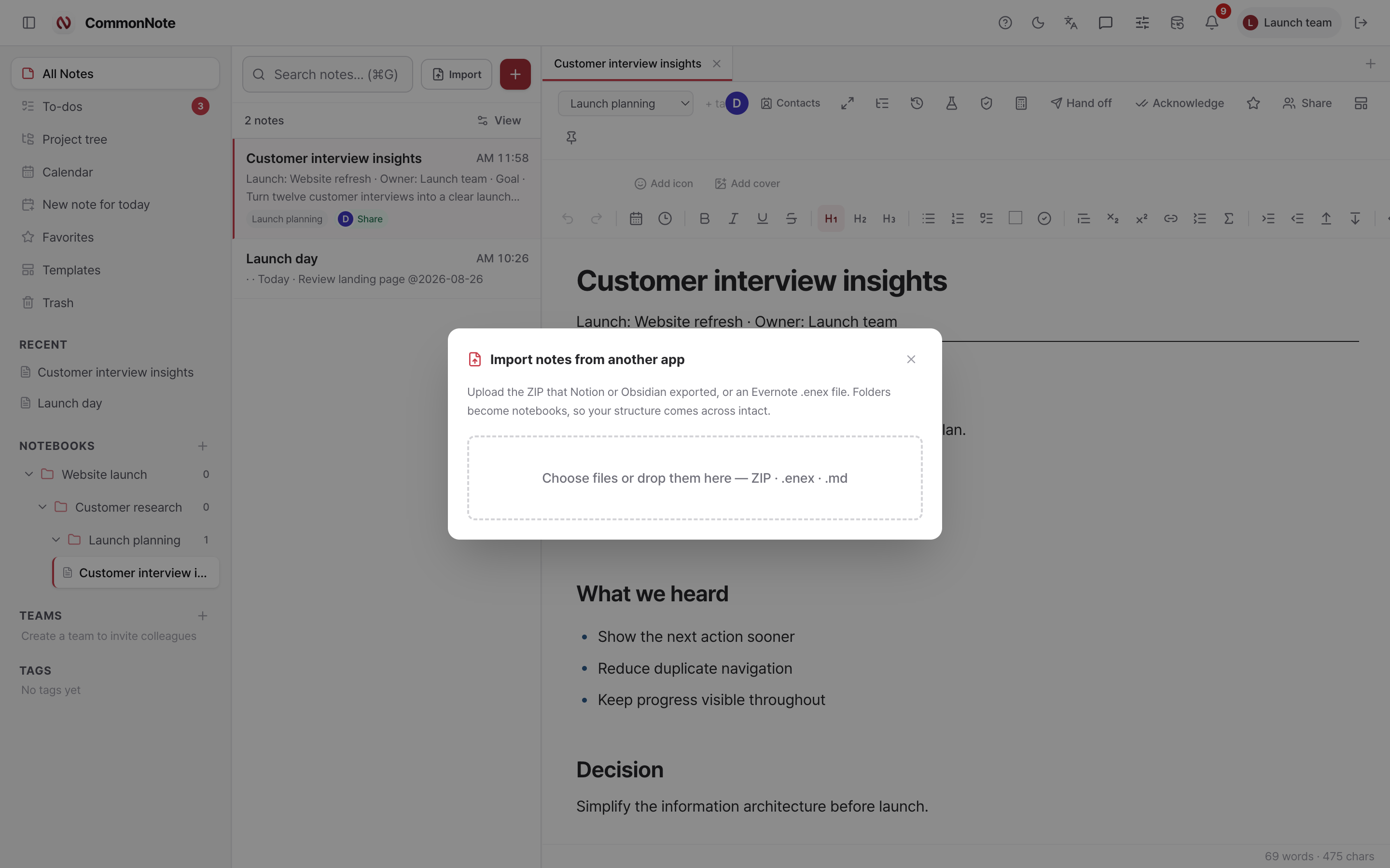 CommonNote import dialog for Notion, Obsidian, Evernote, Markdown, ZIP, and ENEX