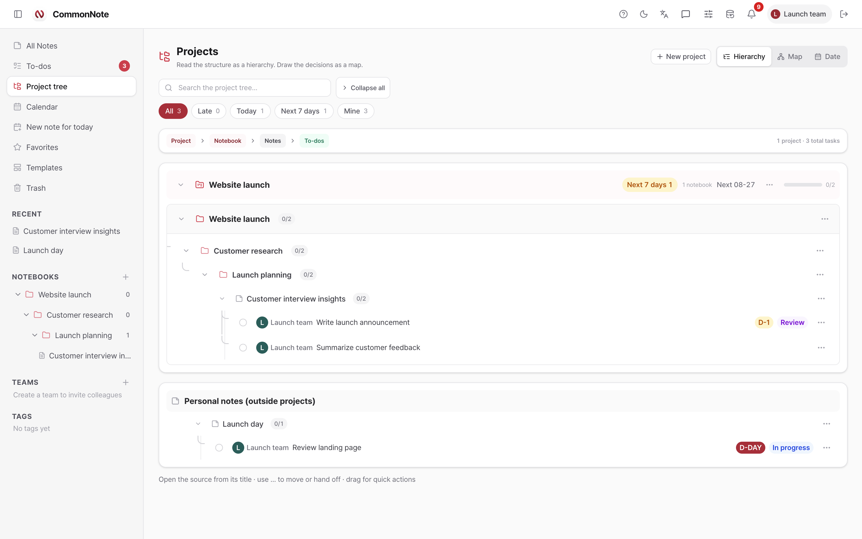 CommonNote project hierarchy with nested notebooks, notes, tasks, owners, due dates, and status filters