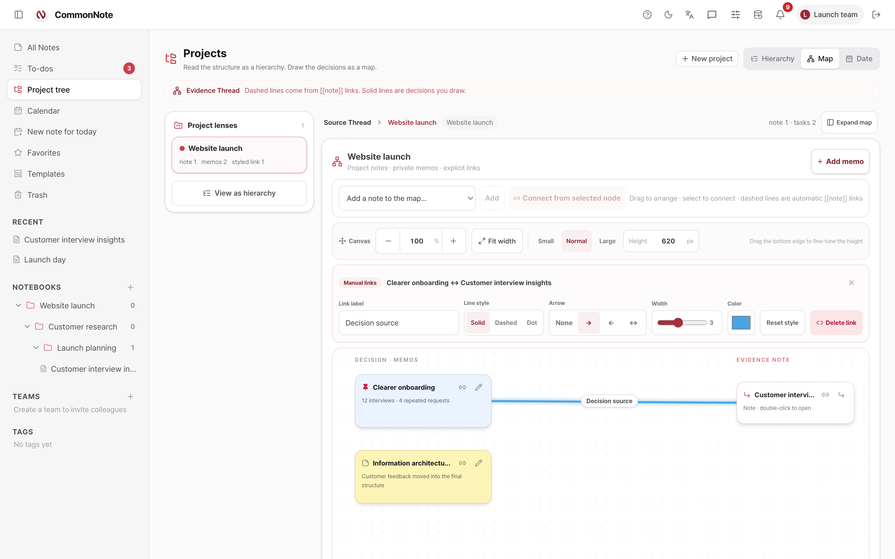 CommonNote relationship map with custom memo cards and controls for link label, line style, arrows, width, and color