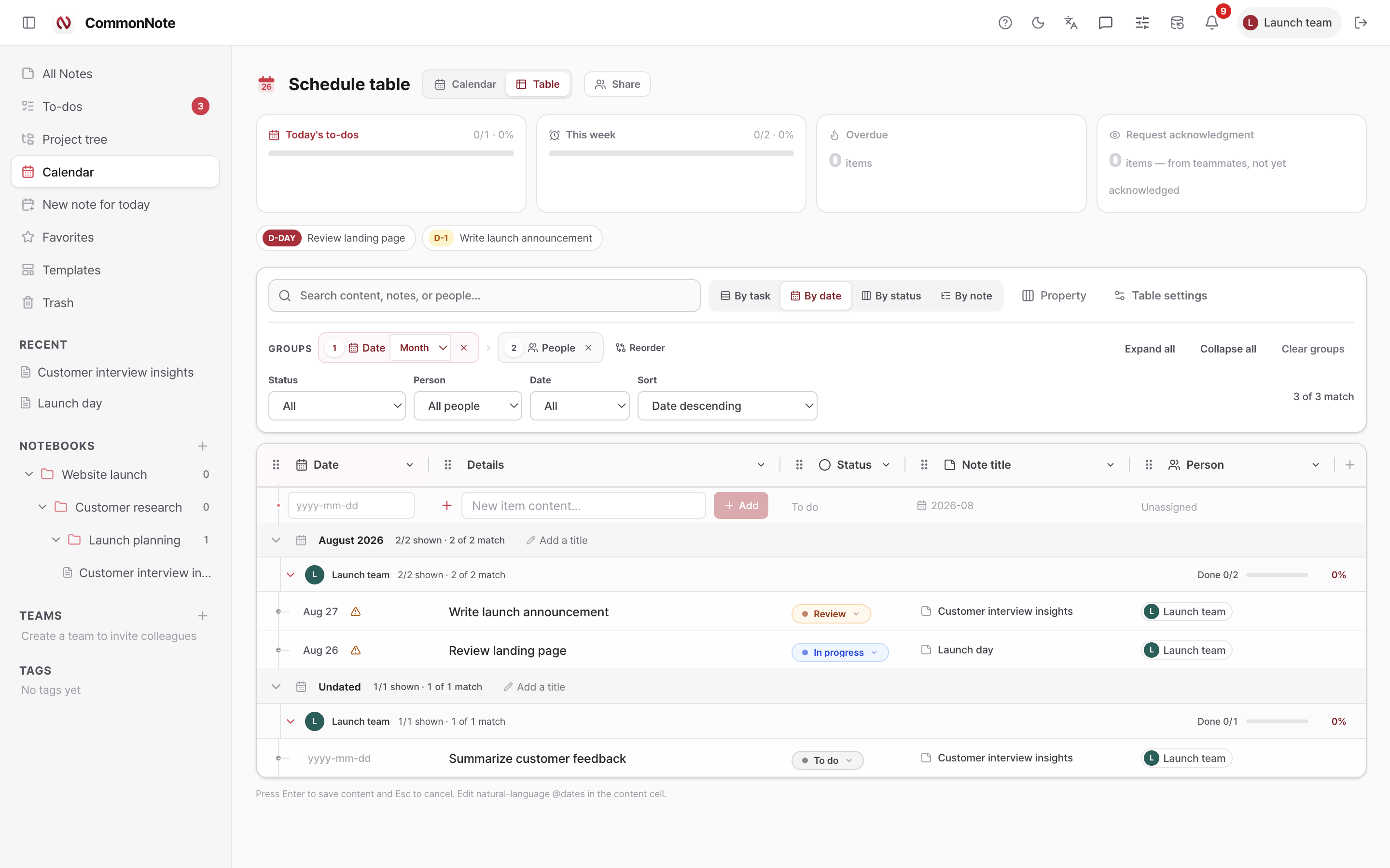 CommonNote schedule table with reorderable columns, nested groups, filters, custom properties, and progress