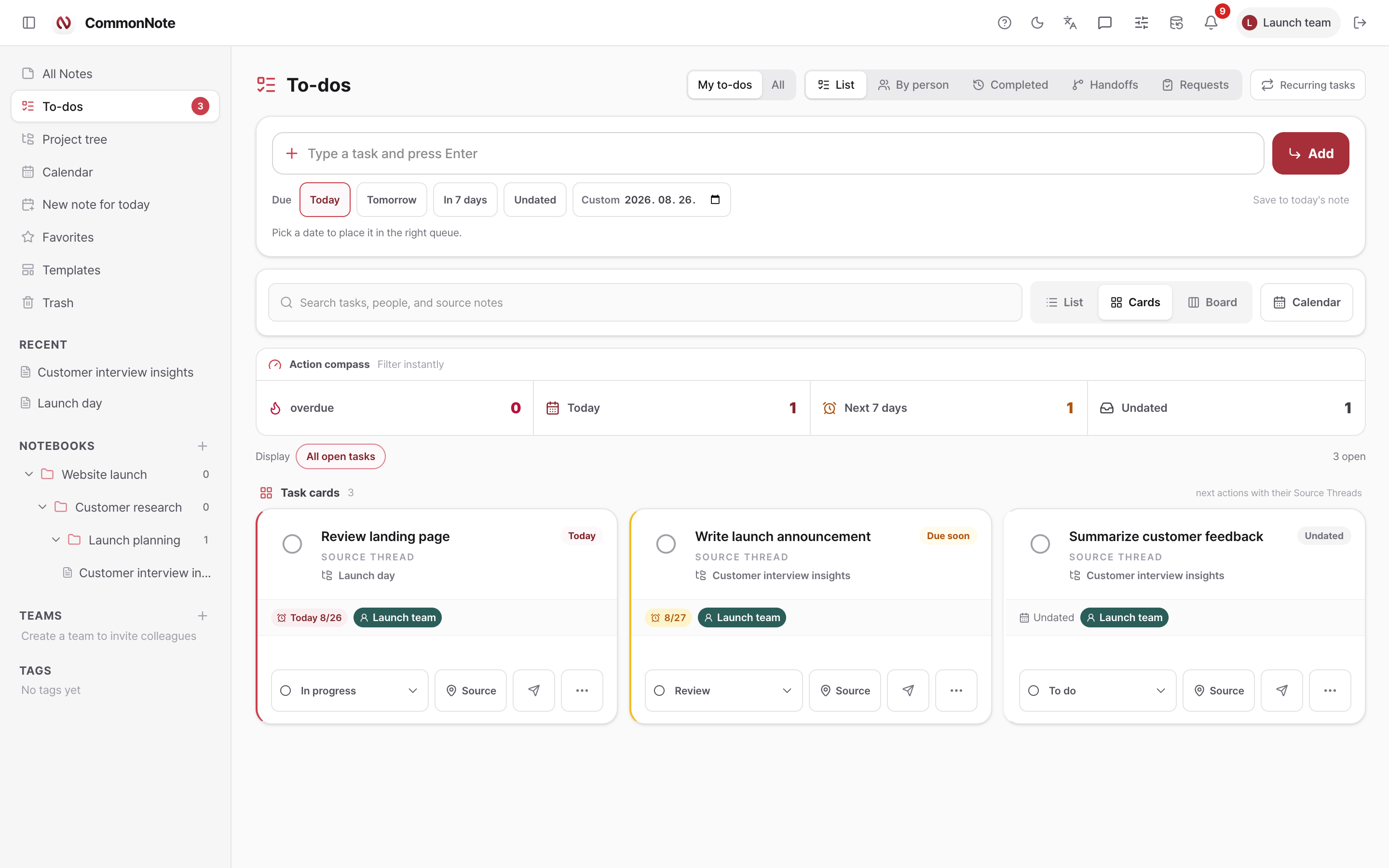 CommonNote task cards showing due signals, status, owner, and source thread